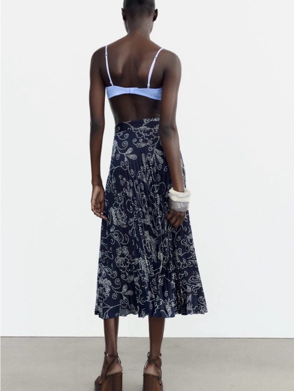 Zara Pleated Satin Dotted Floral Midi Skirt - Picture 4 of 8
